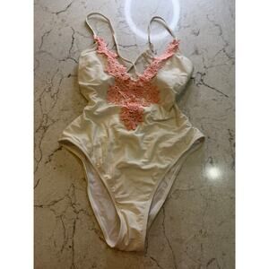 NWT CUPSHE White One-Piece Swimsuit w/ Pink Floral Lace Detail - Size Large